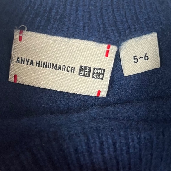 ANYA HINDMARCH UNIQLO Lambswool Crew Neck Sweater Kids Size 5-6, Navy Blue, EUC - Picture 5 of 11